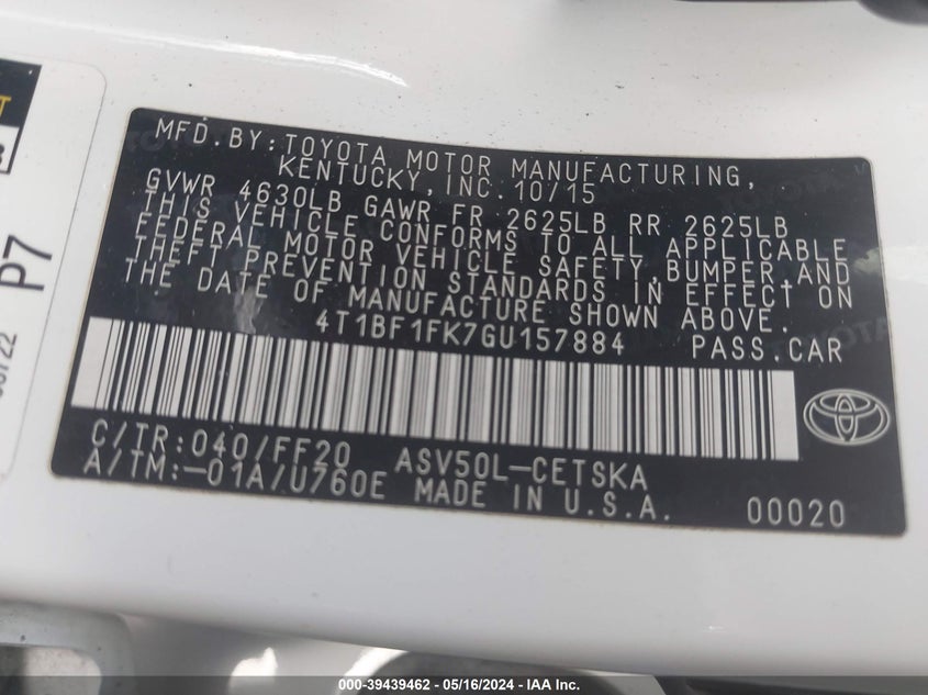 2016 Toyota Camry Se VIN: 4T1BF1FK7GU157884 Lot: 39439462