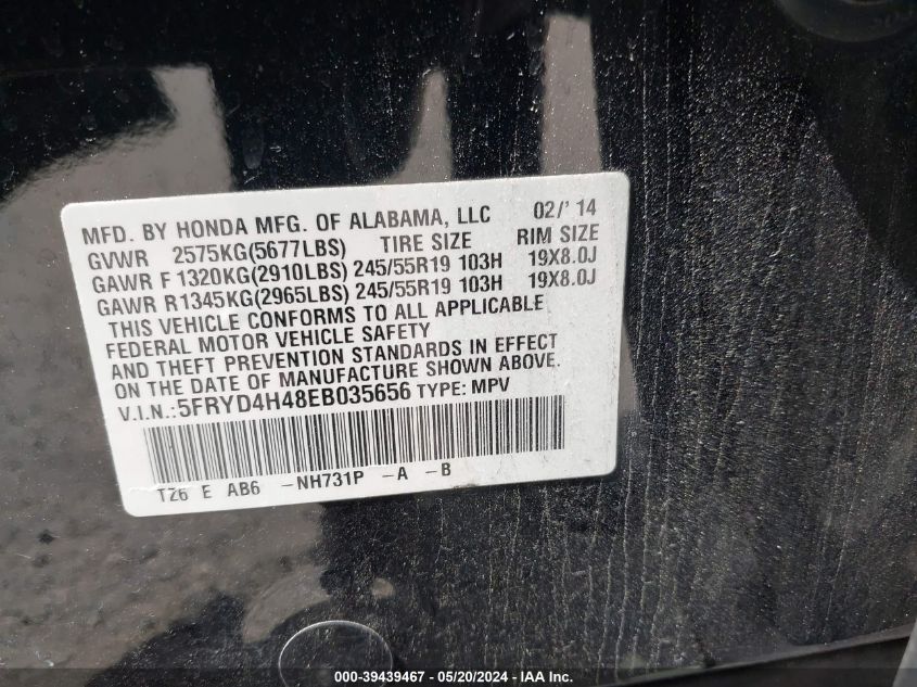 2014 Acura Mdx Technology Package VIN: 5FRYD4H48EB035656 Lot: 39439467