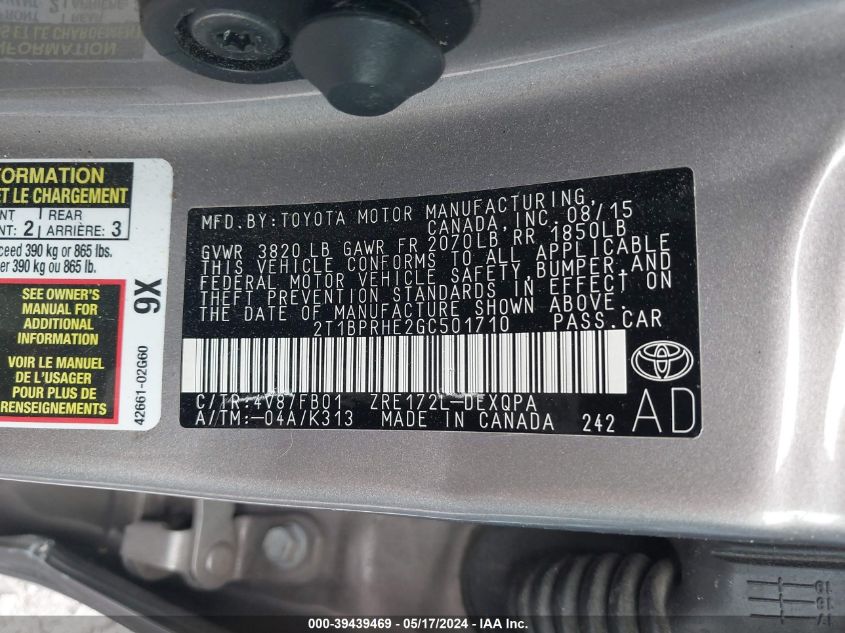 2016 Toyota Corolla Le Eco VIN: 2T1BPRHE2GC501710 Lot: 39439469