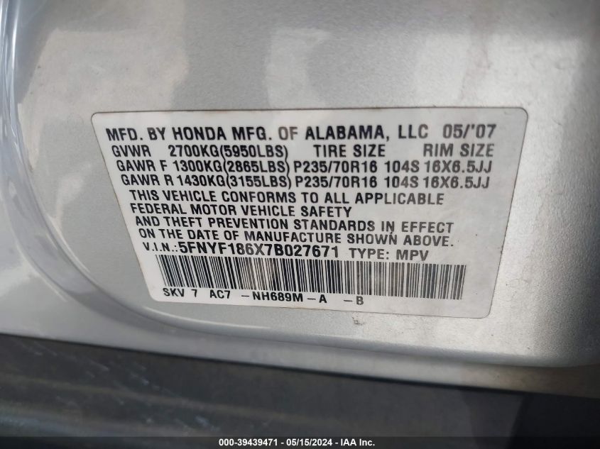 2007 Honda Pilot Ex-L VIN: 5FNYF186X7B027671 Lot: 39439471