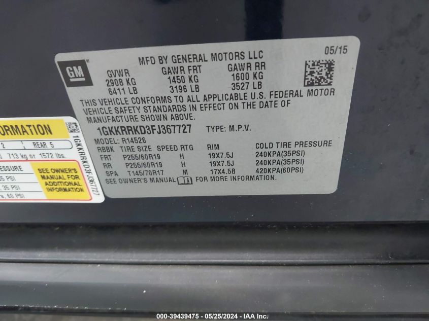 2015 GMC Acadia Slt-1 VIN: 1GKKRRKD3FJ367727 Lot: 39439475