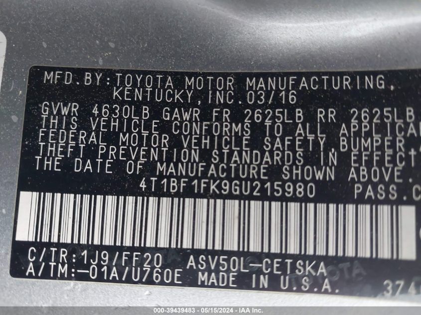 2016 Toyota Camry Se VIN: 4T1BF1FK9GU215980 Lot: 39439483