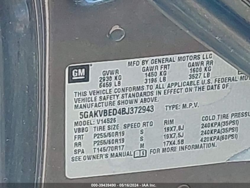 2011 Buick Enclave 1Xl VIN: 5GAKVBED4BJ372943 Lot: 39439490