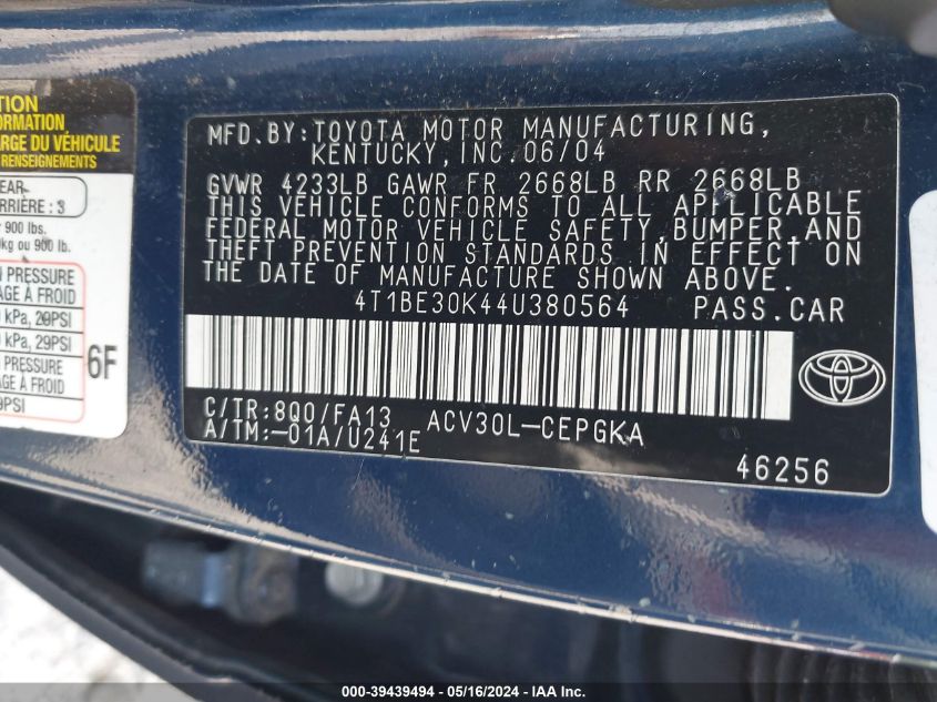 2004 Toyota Camry Xle VIN: 4T1BE30K44U380564 Lot: 39439494