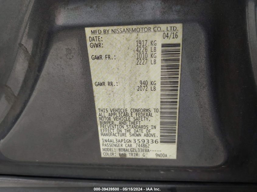 2016 Nissan Altima 2.5/2.5 S/2.5 Sl/2.5 Sr/2.5 Sv VIN: 1N4AL3AP1GN359336 Lot: 39439500