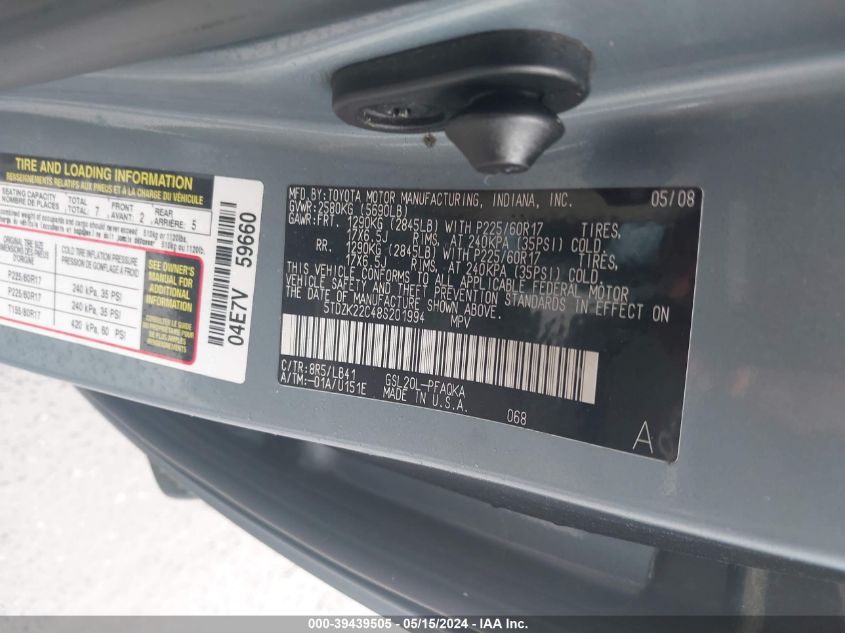 2008 Toyota Sienna Xle VIN: 5TDZK22C48S201994 Lot: 39439505