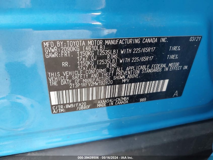 2021 Toyota Rav4 Xle VIN: 2T3P1RFV2MW192820 Lot: 39439506