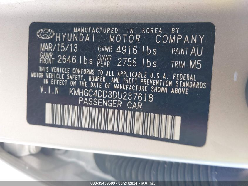 2013 Hyundai Genesis 3.8 VIN: KMHGC4DD3DU237618 Lot: 39439509