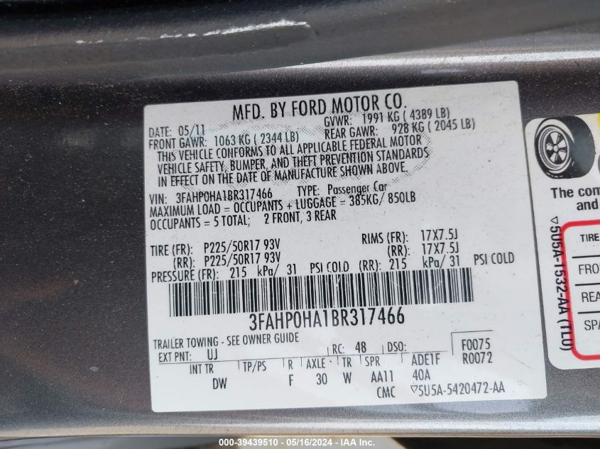 2011 Ford Fusion Se VIN: 3FAHP0HA1BR317466 Lot: 39439510