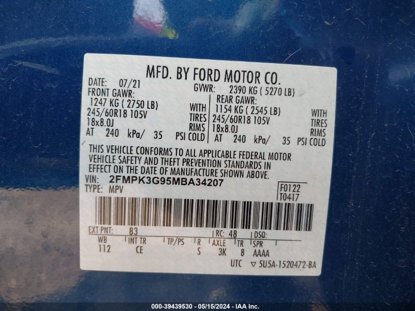 2021 Ford Edge Se VIN: 2FMPK3G95MBA34207 Lot: 39439530