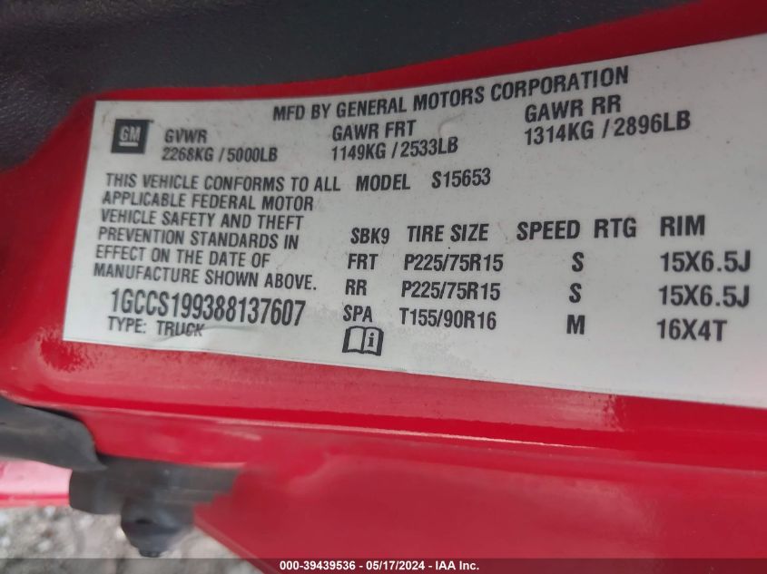 2008 Chevrolet Colorado Lt VIN: 1GCCS199388137607 Lot: 39439536