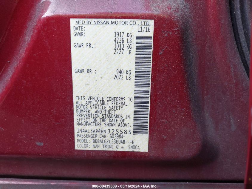 2017 Nissan Altima 2.5 S VIN: 1N4AL3AP4HN325585 Lot: 39439539