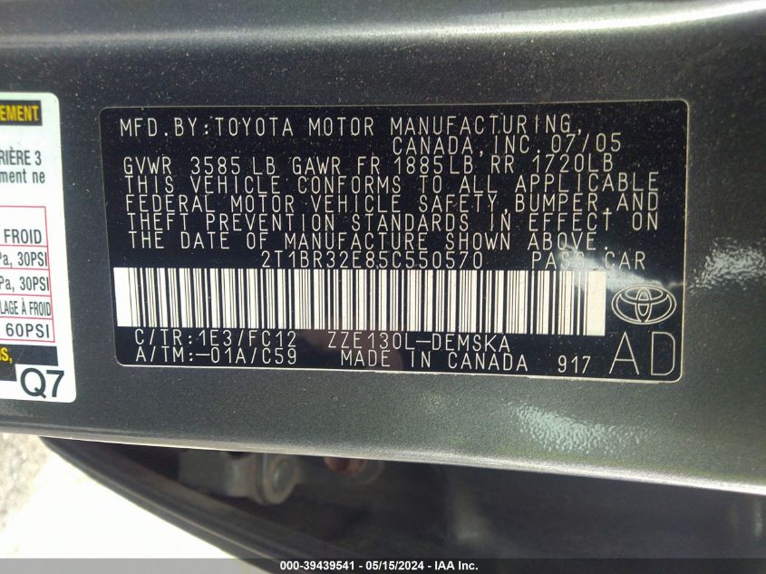 2005 Toyota Corolla S VIN: 2T1BR32E85C550570 Lot: 39439541