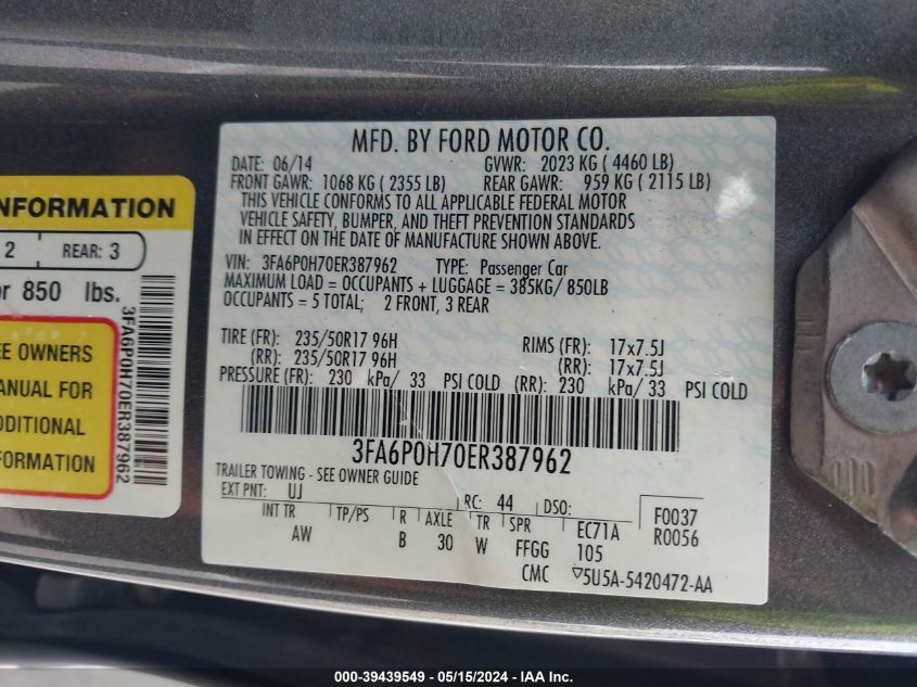 2014 Ford Fusion Se VIN: 3FA6P0H70ER387962 Lot: 39439549