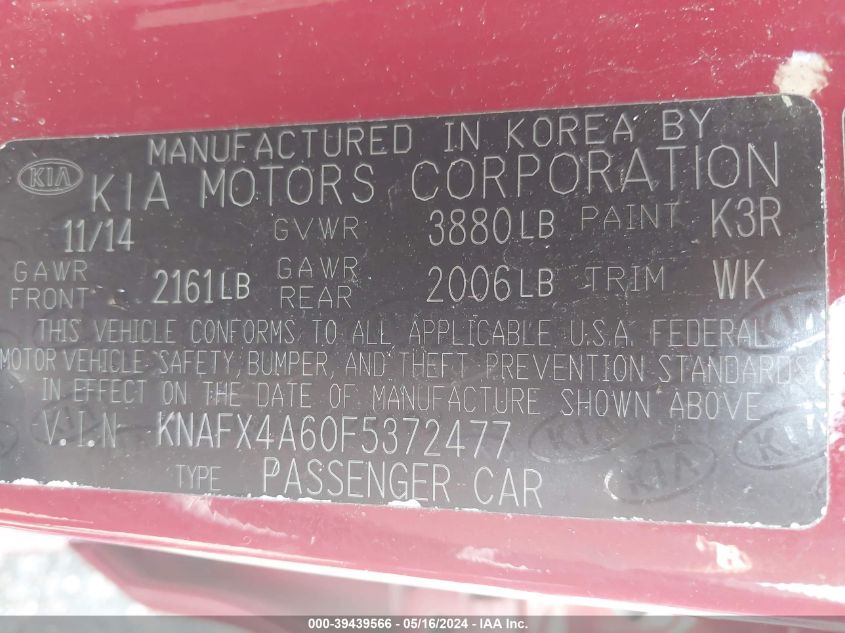 2015 Kia Forte Lx VIN: KNAFX4A60F5372477 Lot: 39439566