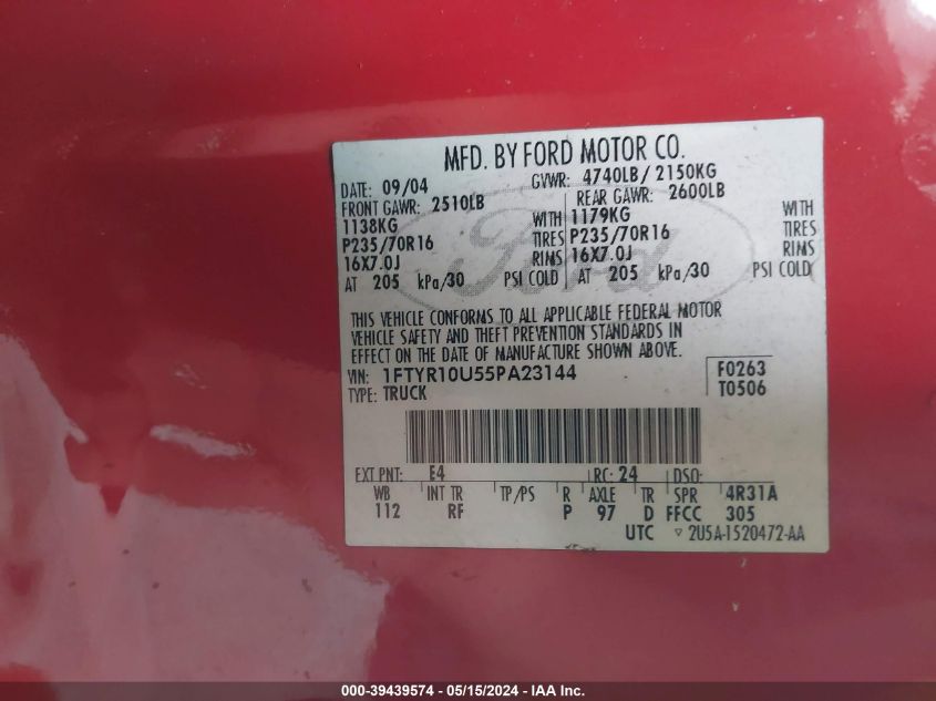 2005 Ford Ranger Edge/Stx/Xl/Xls/Xlt VIN: 1FTYR10U55PA23144 Lot: 39439574