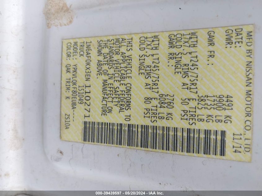 2014 Nissan Nv Cargo Nv3500 Hd S V8 VIN: 1N6AF0KX3EN110271 Lot: 39439597