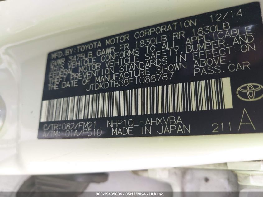 2015 Toyota Prius C Two VIN: JTDKDTB38F1088787 Lot: 39439604