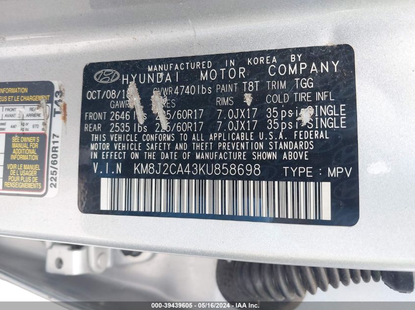 2019 Hyundai Tucson Se VIN: KM8J2CA43KU858698 Lot: 39439605