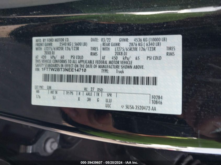 2022 Ford F-250 Lariat VIN: 1FT7W2BT3NEE14710 Lot: 39439607