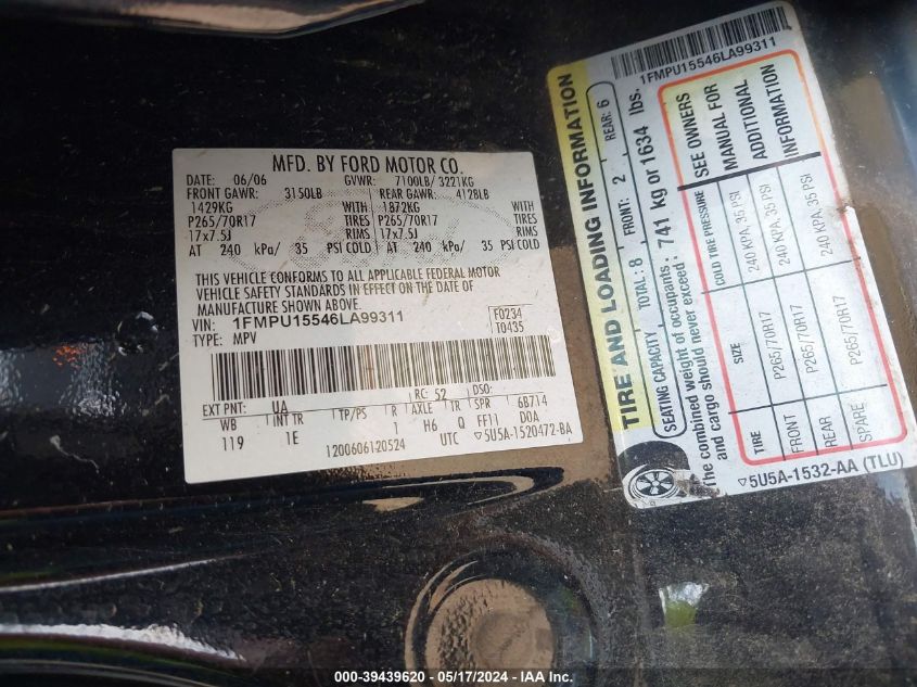 2006 Ford Expedition Xlt/Xlt Sport VIN: 1FMPU15546LA99311 Lot: 39439620