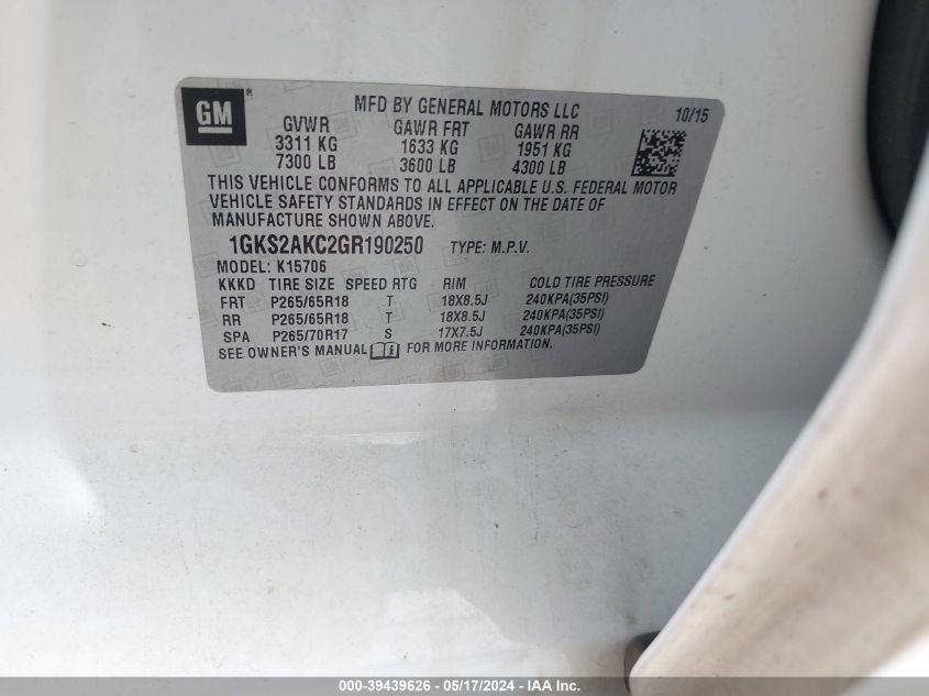 2016 GMC Yukon Sle VIN: 1GKS2AKC2GR190250 Lot: 39439626