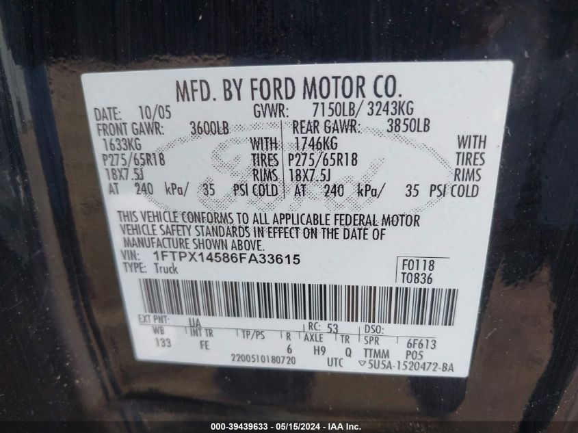 2006 Ford F-150 Fx4/Lariat/Xl/Xlt VIN: 1FTPX14586FA33615 Lot: 39439633