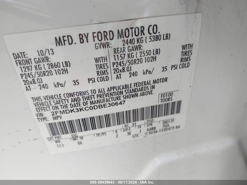 2013 Ford Edge Limited VIN: 2FMDK3KC0DBE30647 Lot: 39439643