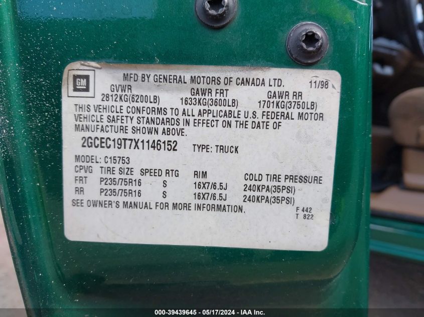 1999 Chevrolet Silverado 1500 Ls VIN: 2GCEC19T7X1146152 Lot: 39439645