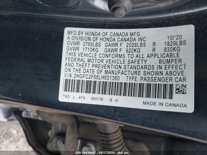 2020 Honda Civic Lx VIN: 2HGFC2F66LH601360 Lot: 39439647