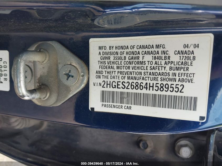 2004 Honda Civic Ex VIN: 2HGES26864H589552 Lot: 39439648