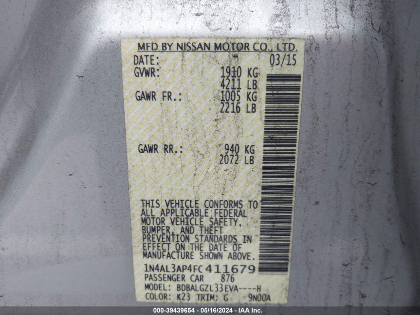 2015 Nissan Altima 2.5 S VIN: 1N4AL3AP4FC411679 Lot: 39439654
