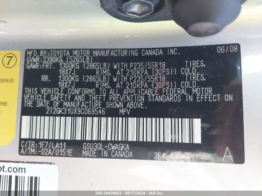 2009 Lexus Rx 350 VIN: 2T2GK31UX9C069546 Lot: 39439663