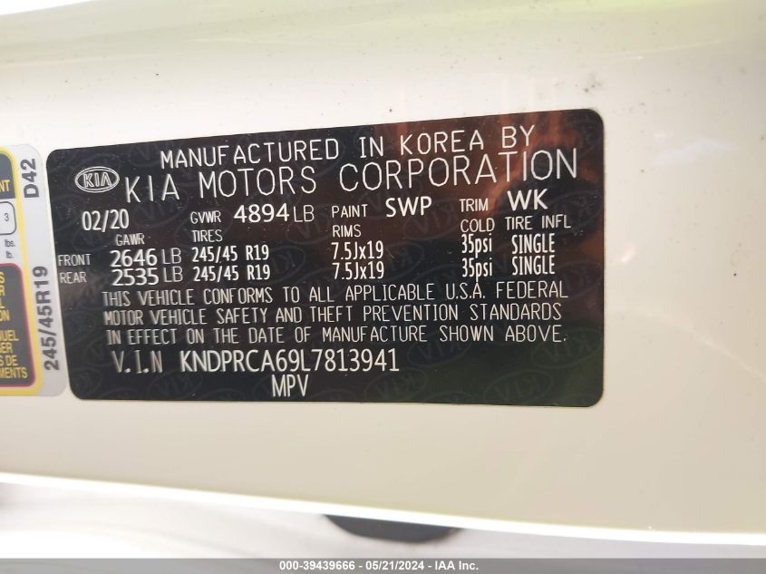 2020 Kia Sportage Sx Turbo VIN: KNDPRCA69L7813941 Lot: 39439666