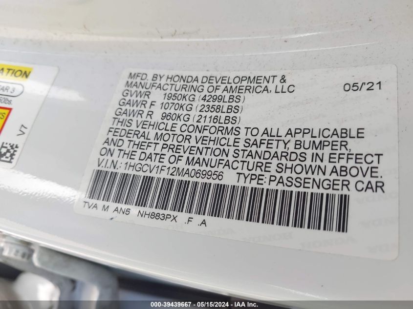 2021 Honda Accord Lx VIN: 1HGCV1F12MA069956 Lot: 39439667
