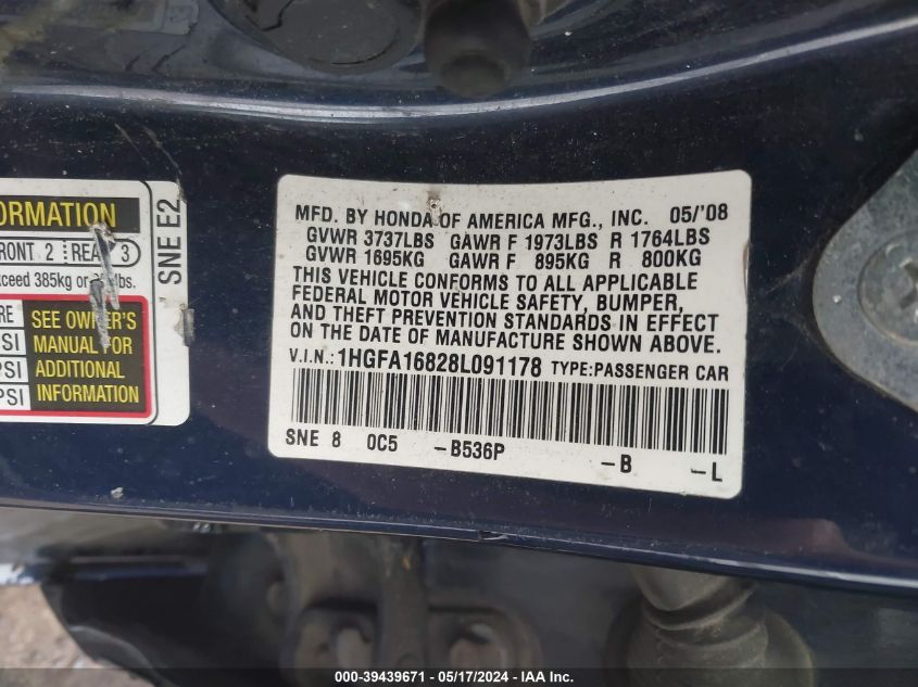 2008 Honda Civic Ex VIN: 1HGFA16828L091178 Lot: 39439671
