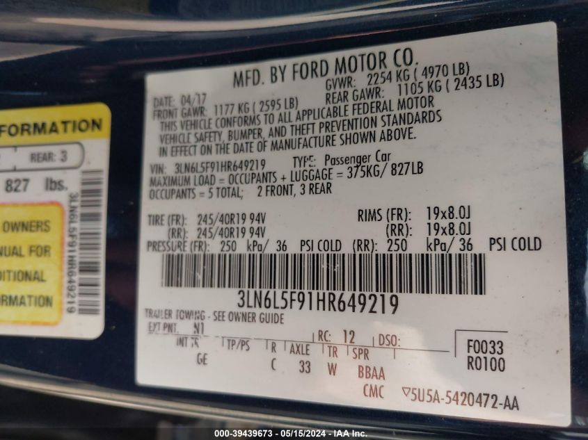 2017 Lincoln Mkz Reserve VIN: 3LN6L5F91HR649219 Lot: 39439673