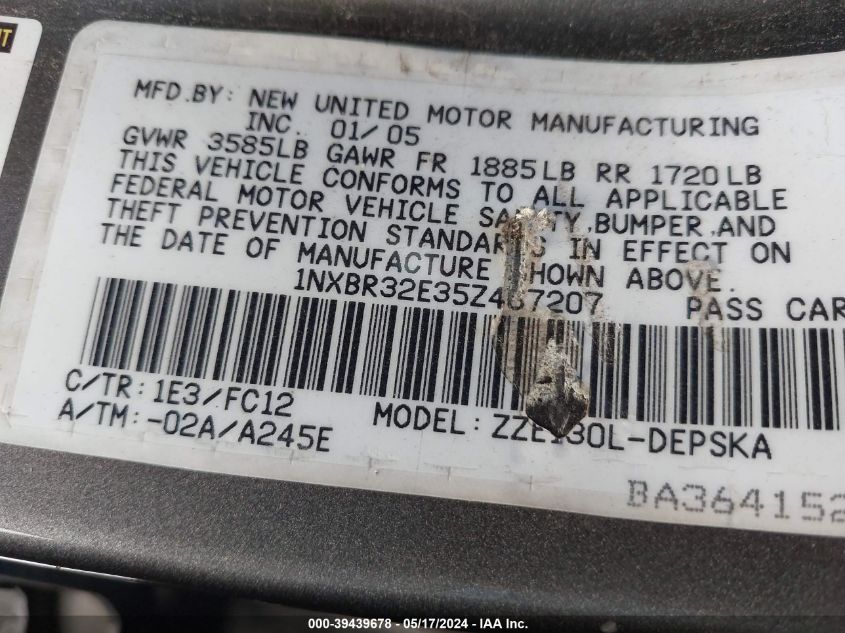 2005 Toyota Corolla S VIN: 1NXBR32E35Z467207 Lot: 39439678