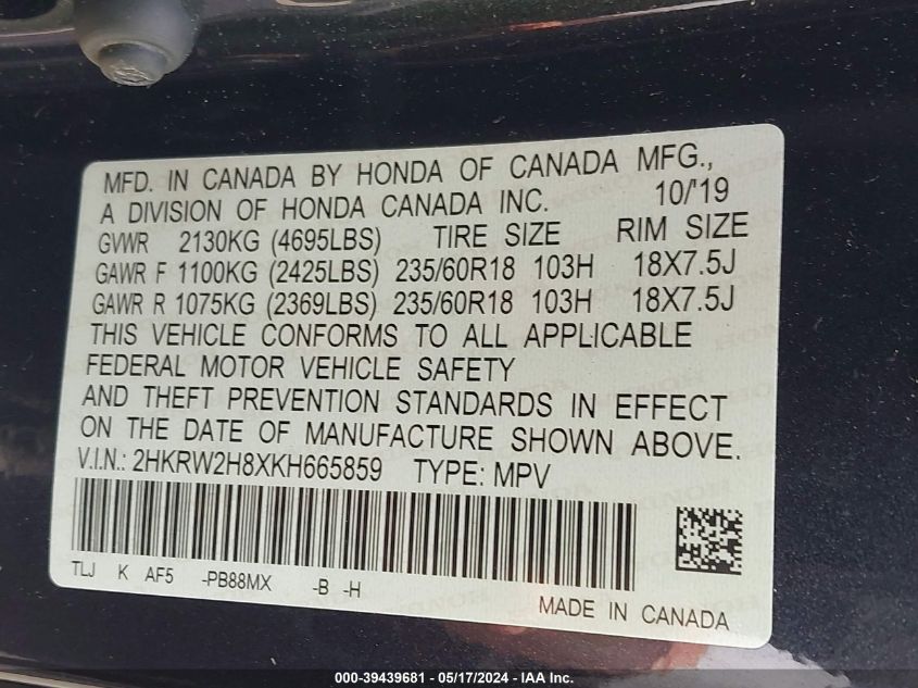 2019 HONDA CR-V EX-L - 2HKRW2H8XKH665859