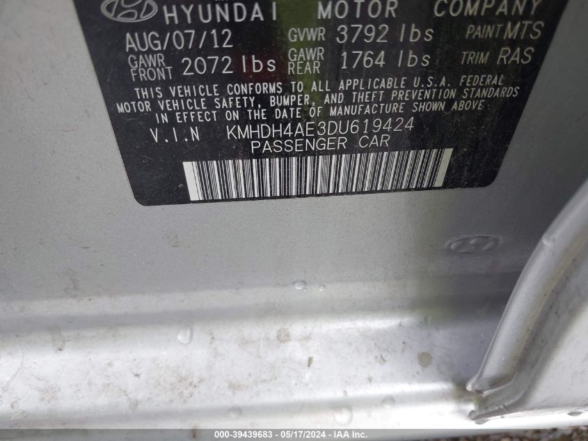 2013 Hyundai Elantra Limited VIN: KMHDH4AE3DU619424 Lot: 39439683