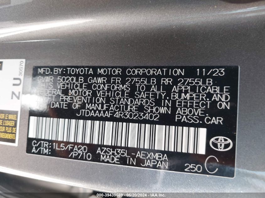 2024 Toyota Crown Xle VIN: JTDAAAAF4R3023402 Lot: 39439689