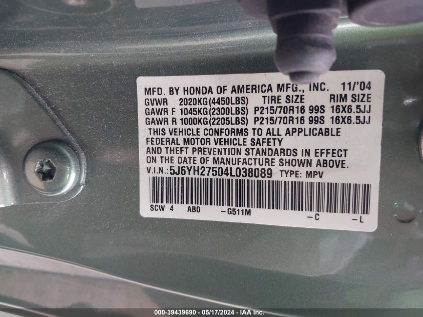 2004 Honda Element Ex VIN: 5J6YH27504L038089 Lot: 39439690