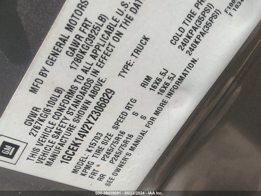 2000 Chevrolet Silverado 1500 VIN: 1GCEK14V2YZ306829 Lot: 39439691