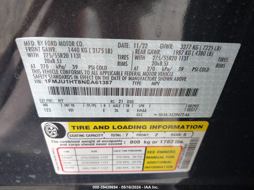 2022 Ford Expedition Xlt VIN: 1FMJU1HT8NEA61387 Lot: 39439694