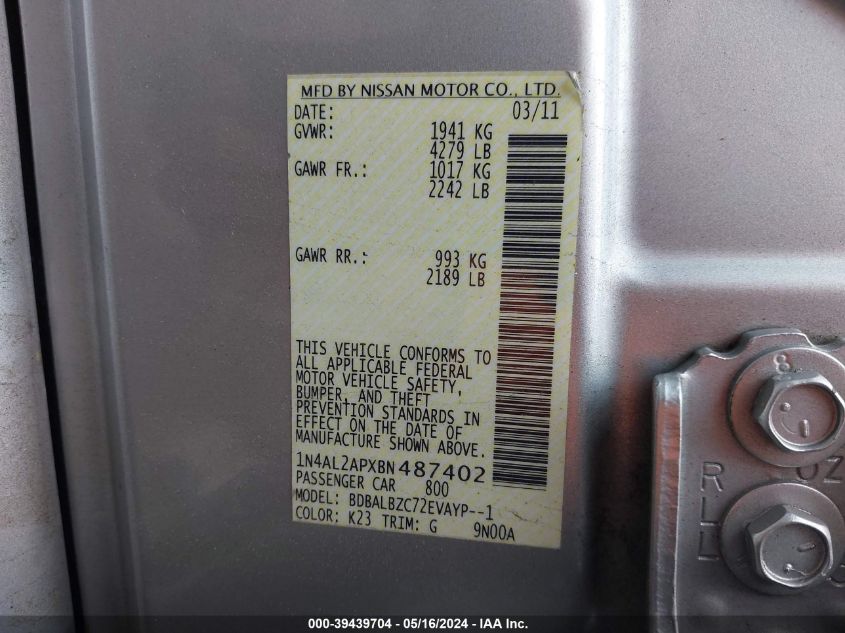 2011 Nissan Altima 2.5 S VIN: 1N4AL2APXBN487402 Lot: 39439704