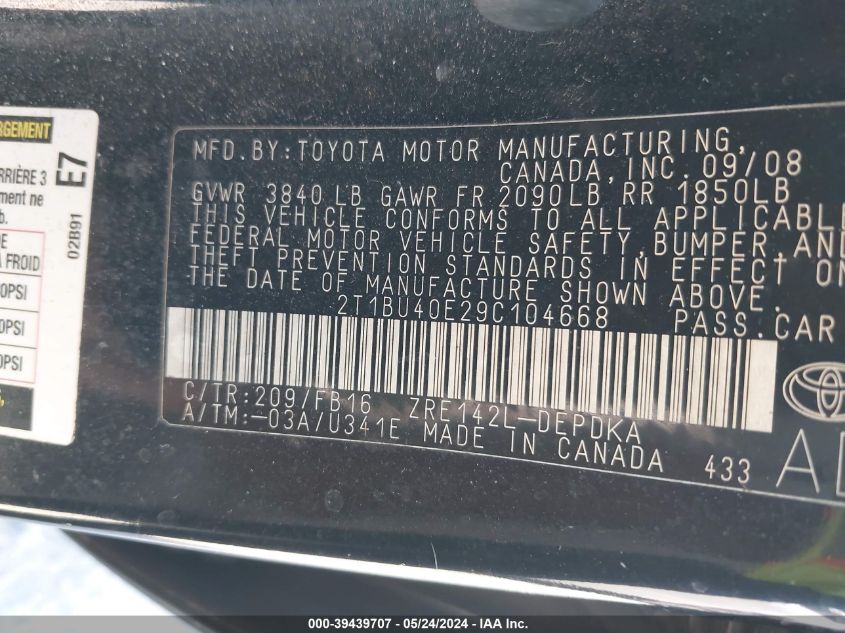 2009 Toyota Corolla Le VIN: 2T1BU40E29C104668 Lot: 39439707