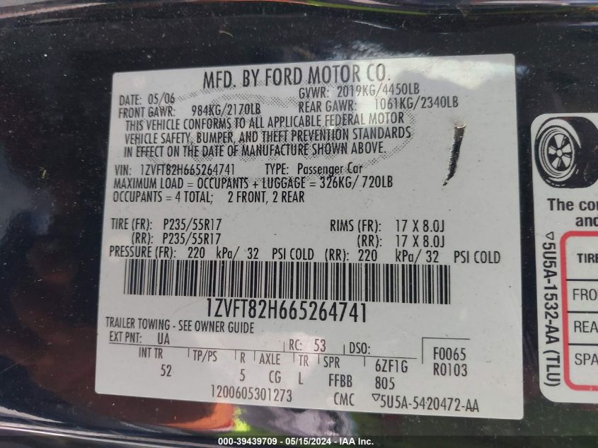 2006 Ford Mustang Gt VIN: 1ZVFT82H665264741 Lot: 39439709