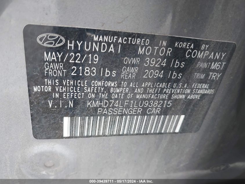 2020 Hyundai Elantra Se VIN: KMHD74LF1LU938215 Lot: 39439711
