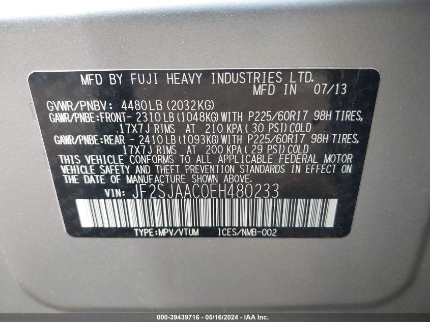 2014 Subaru Forester 2.5I VIN: JF2SJAAC0EH480233 Lot: 39439716