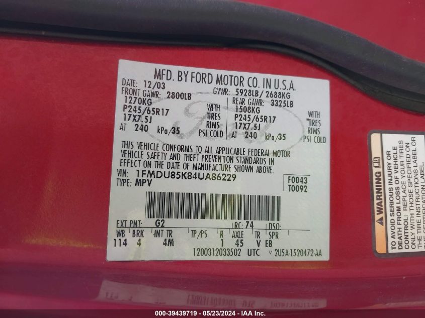 2004 Ford Explorer Limited VIN: 1FMDU85K84UA86229 Lot: 39439719